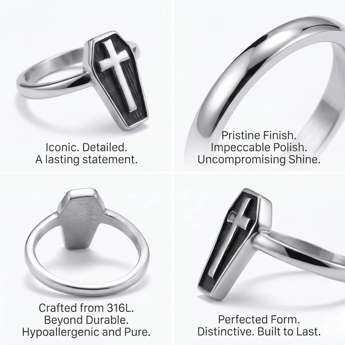 Minimalist Cross Coffin Ring Design Features 316L Stainless Steel Goth Ring