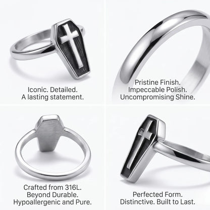 Minimalist Cross Coffin Ring Design Features 316L Stainless Steel Goth Ring