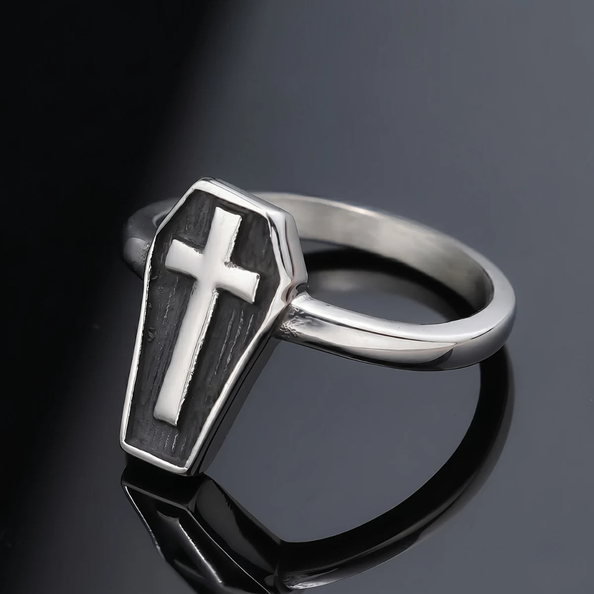 Minimalist Cross Coffin Ring Front View Macabre Gothic Jewelry