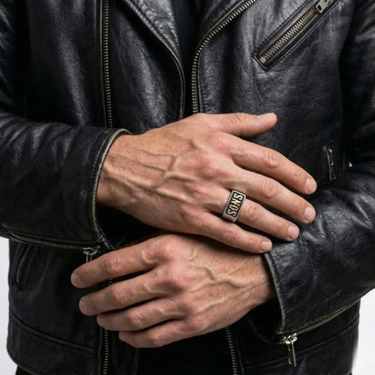 Modern SONS Signet Ring Model Leather Jacket Biker Lifestyle
