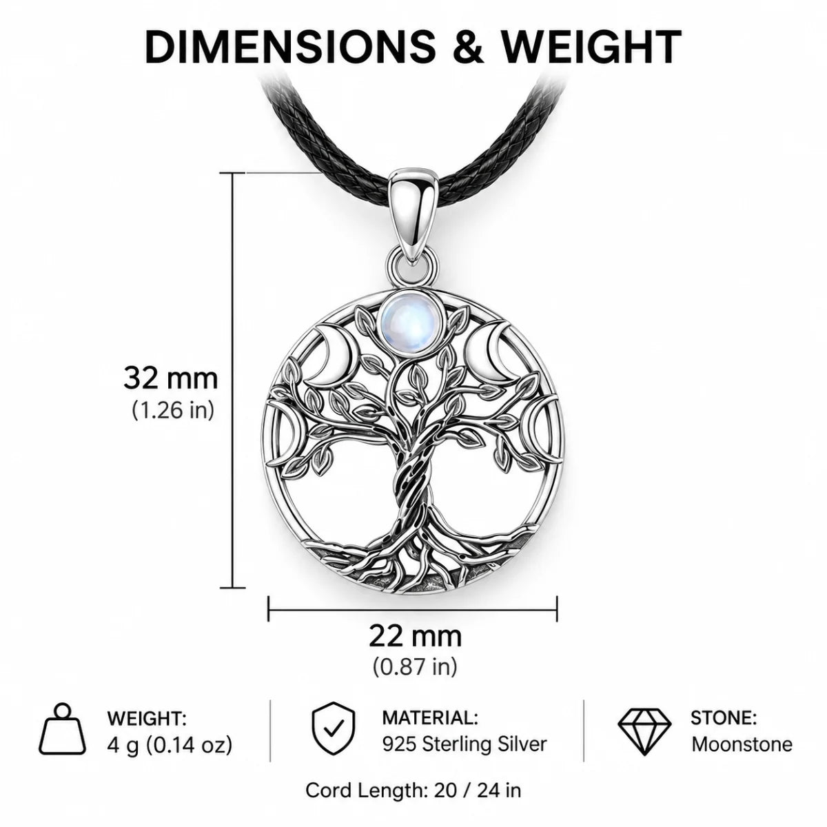 moon phase tree of life necklace dimensions and weight