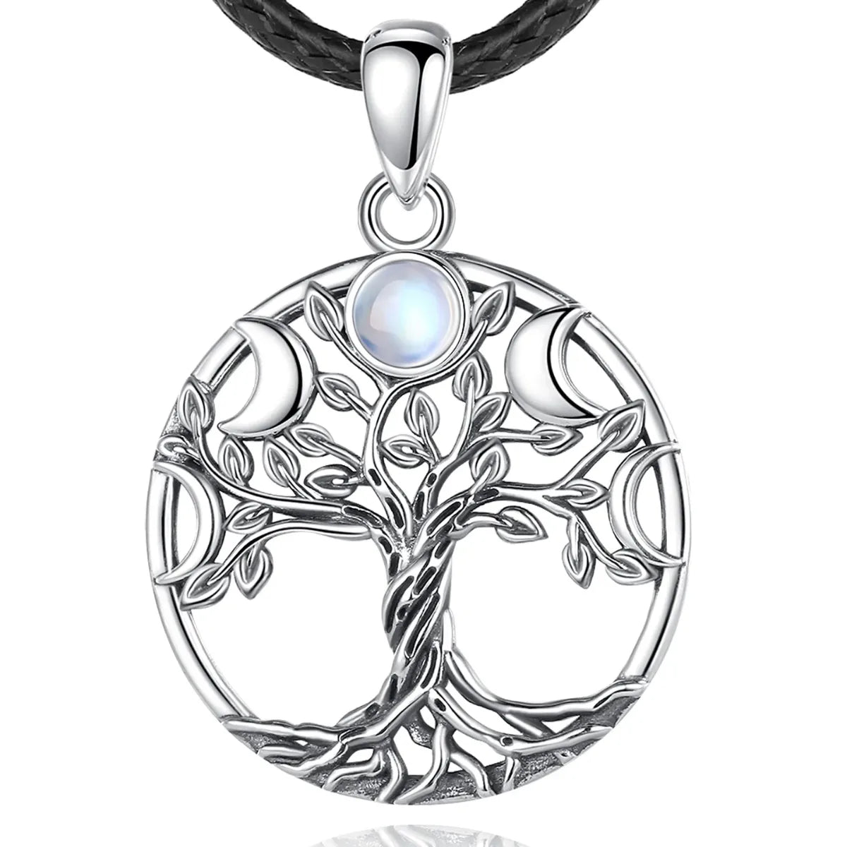 moon phase tree of life necklace with 24 inch black rope