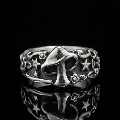 Mushroom Ring Silver Front View Nature Inspired Alternative Jewelry
