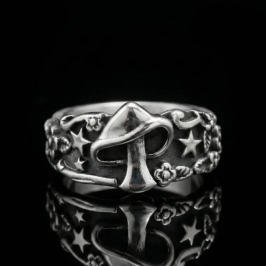 Mushroom Ring Silver Front View Nature Inspired Alternative Jewelry