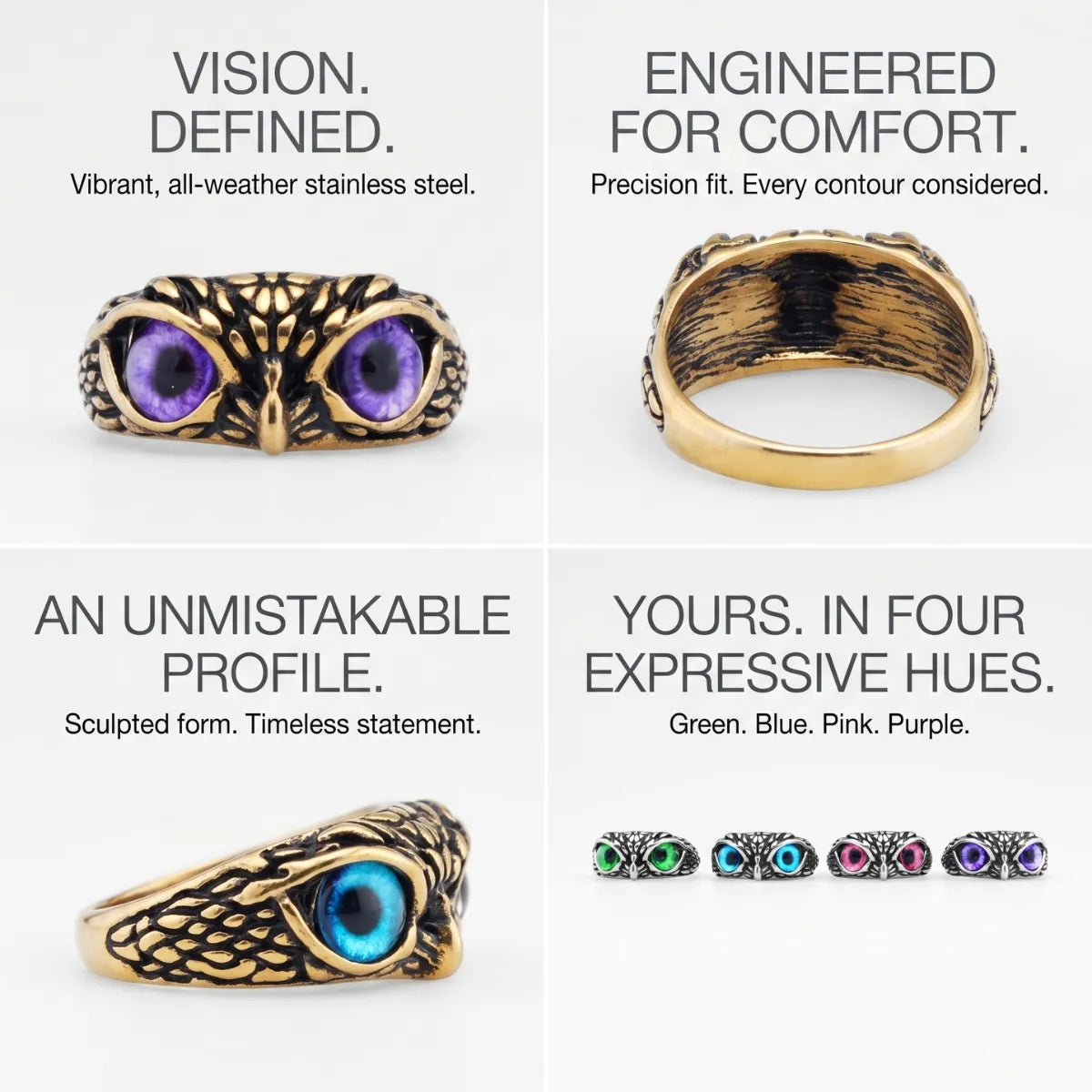 Mystic Owl Eye Ring Design Features Stainless Steel Bird Jewelry