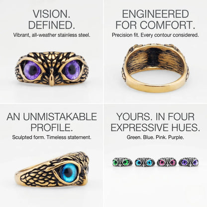Mystic Owl Eye Ring Design Features Stainless Steel Bird Jewelry