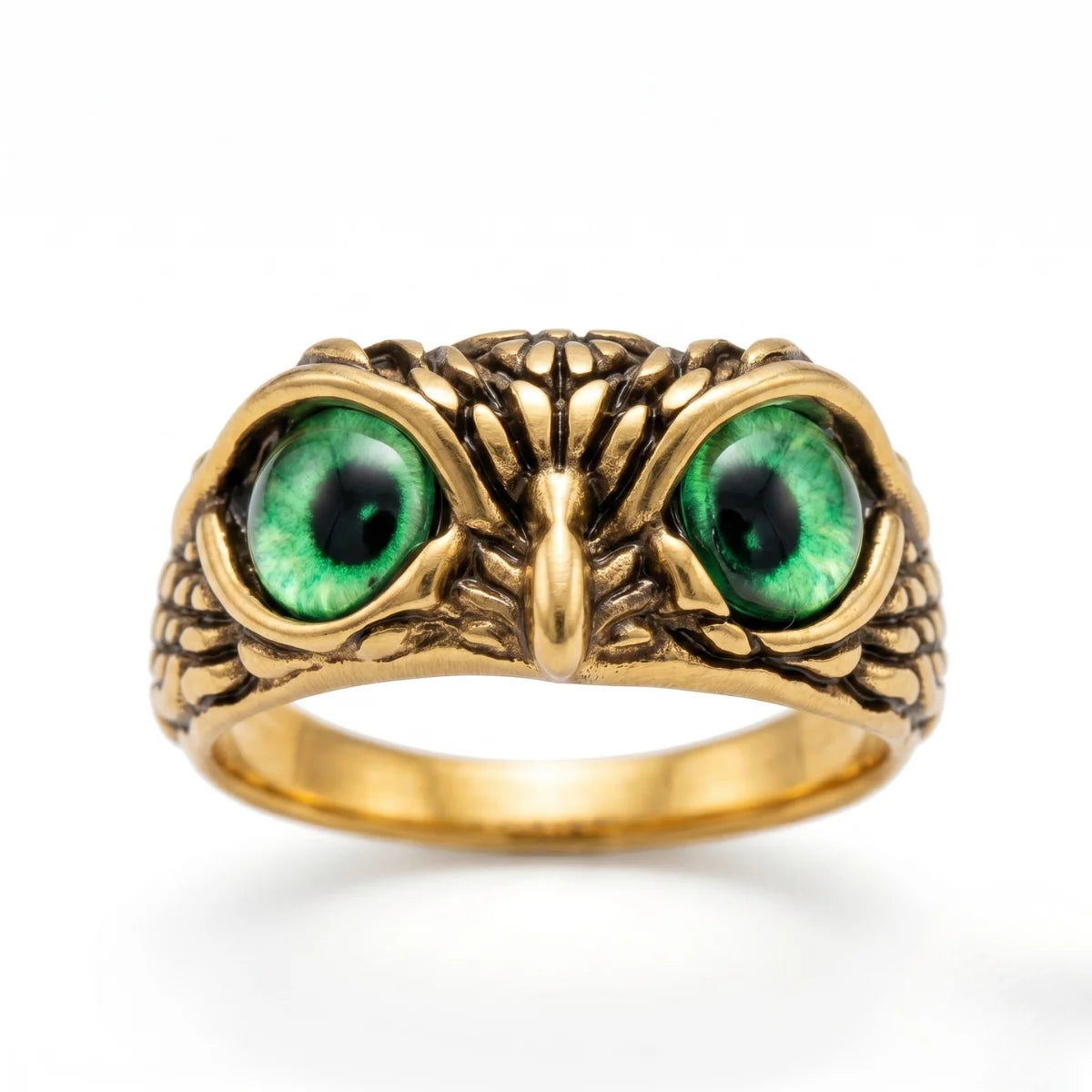 Mystic Owl Eye Ring Green Eye Gold Front View Nature Inspired Jewelry