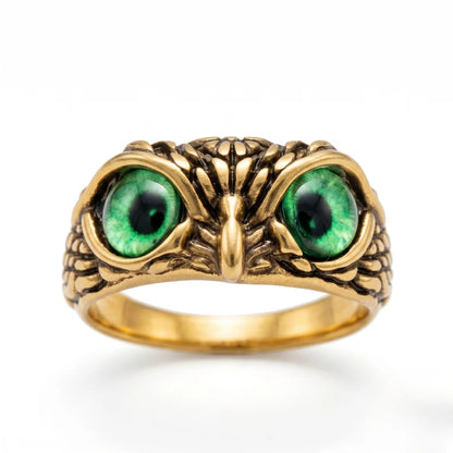 Mystic Owl Eye Ring Green Eye Gold Front View Nature Inspired Jewelry