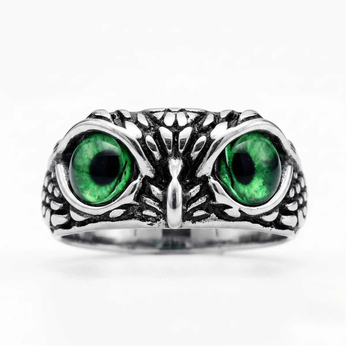 Mystic Owl Eye Ring Green Eye Silver Front View Nature Inspired Jewelry
