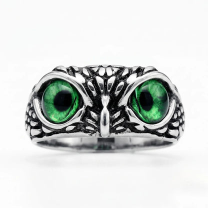 Mystic Owl Eye Ring Green Eye Silver Front View Nature Inspired Jewelry