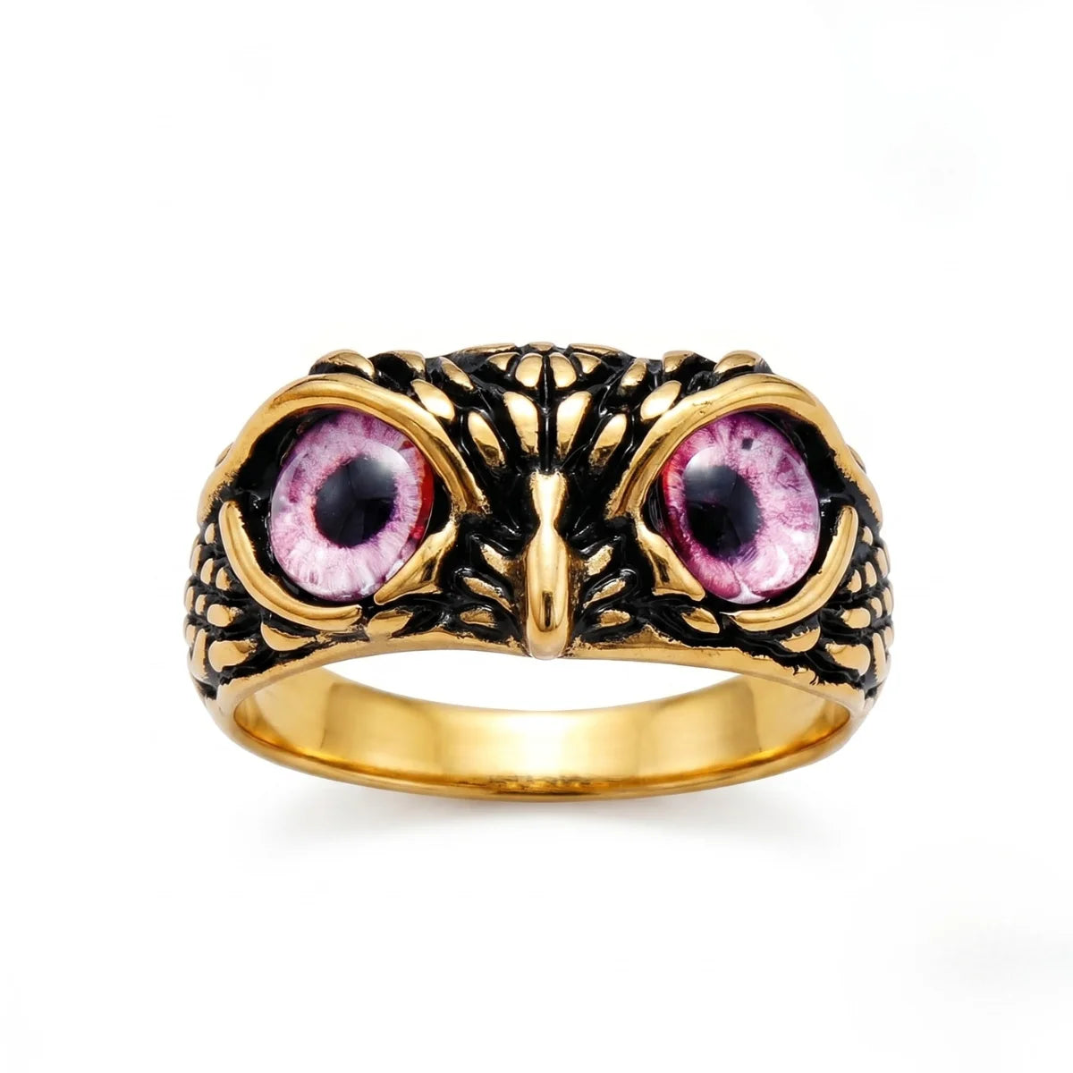 Mystic Owl Eye Ring Pink Eye Gold Front View Gothic Fantasy Jewelry