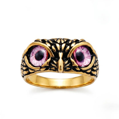 Mystic Owl Eye Ring Pink Eye Gold Front View Gothic Fantasy Jewelry
