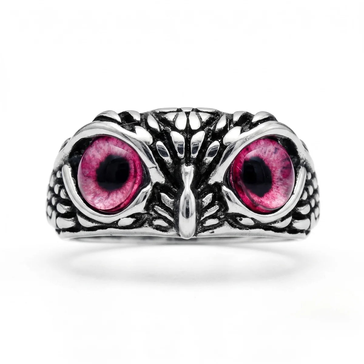 Mystic Owl Eye Ring Pink Eye Silver Front View Gothic Fantasy Jewelry