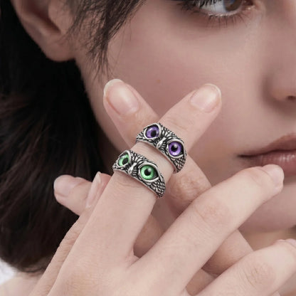 Mystic Owl Eye Ring Purple And Green Eye Silver Worn By Woman Nature Inspired Jewelry
