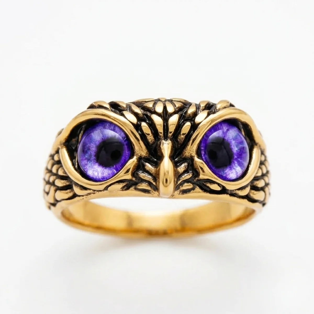 Mystic Owl Eye Ring Purple Eye Gold Front View Witchy Aesthetic Jewelry