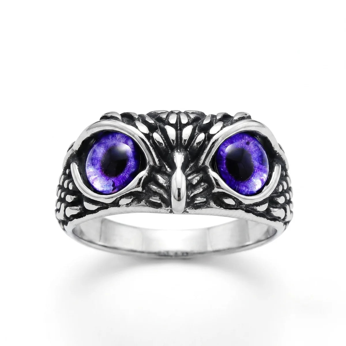 Mystic Owl Eye Ring Purple Eye Silver Front View Witchy Aesthetic Jewelry