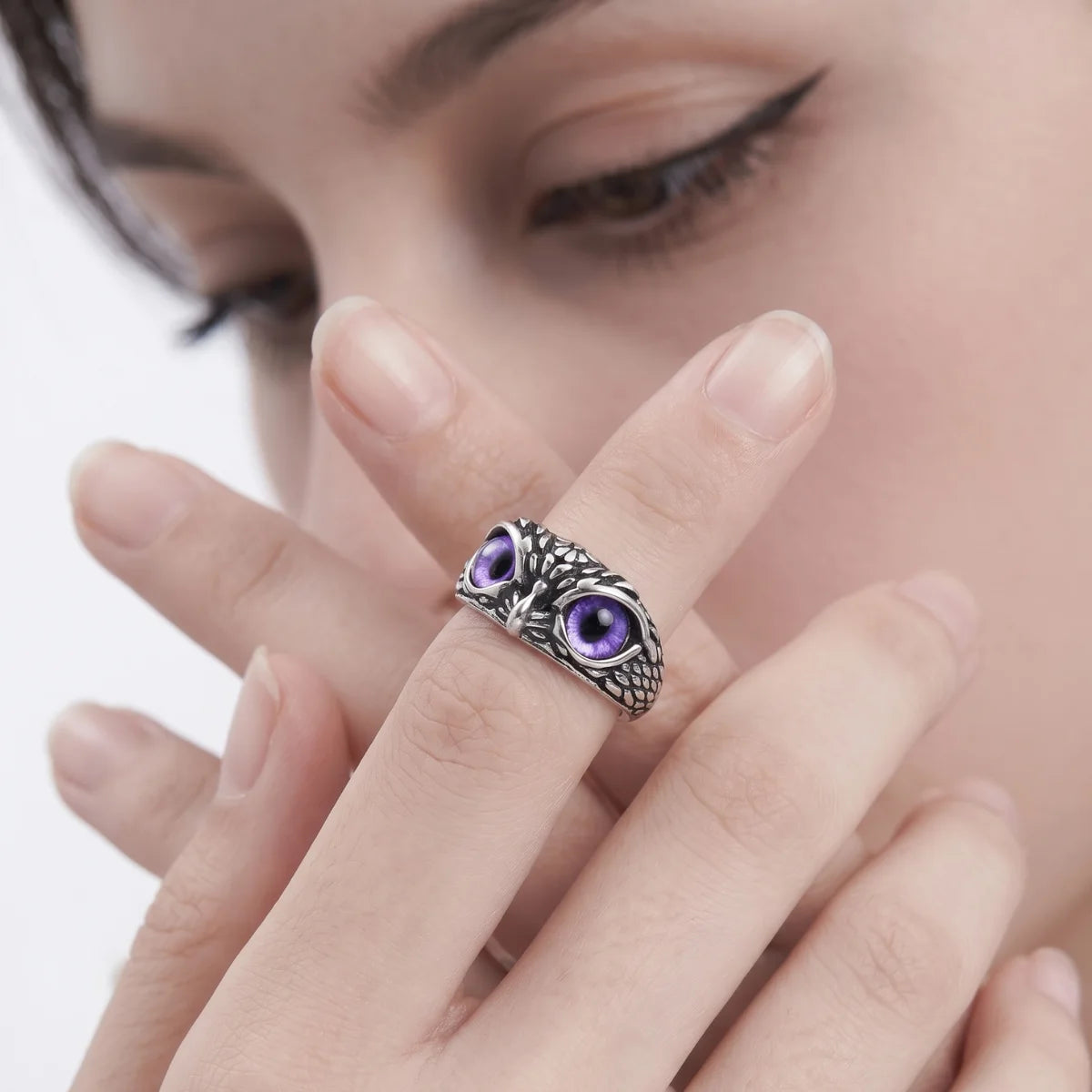 Mystic Owl Eye Ring Purple Eye Silver Worn By Woman Alternative Accessories