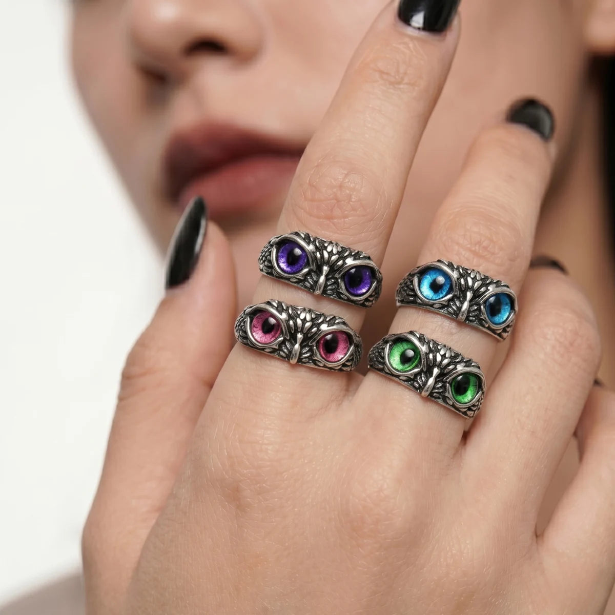 Mystic Owl Eye Ring Silver Stack Worn By Woman Witchy Aesthetic Jewelry