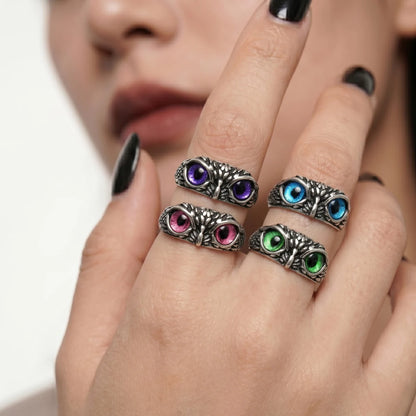 Mystic Owl Eye Ring Silver Stack Worn By Woman Witchy Aesthetic Jewelry