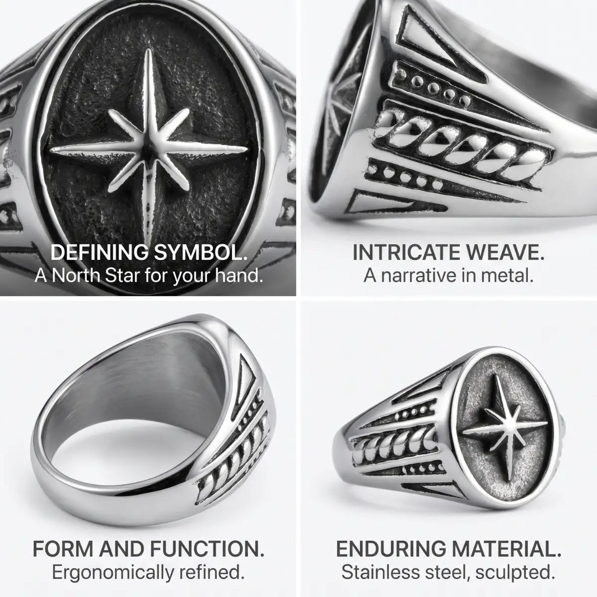 North Star Signet Ring Design Features 316L Stainless Steel Minimalist Mens Signet Rings