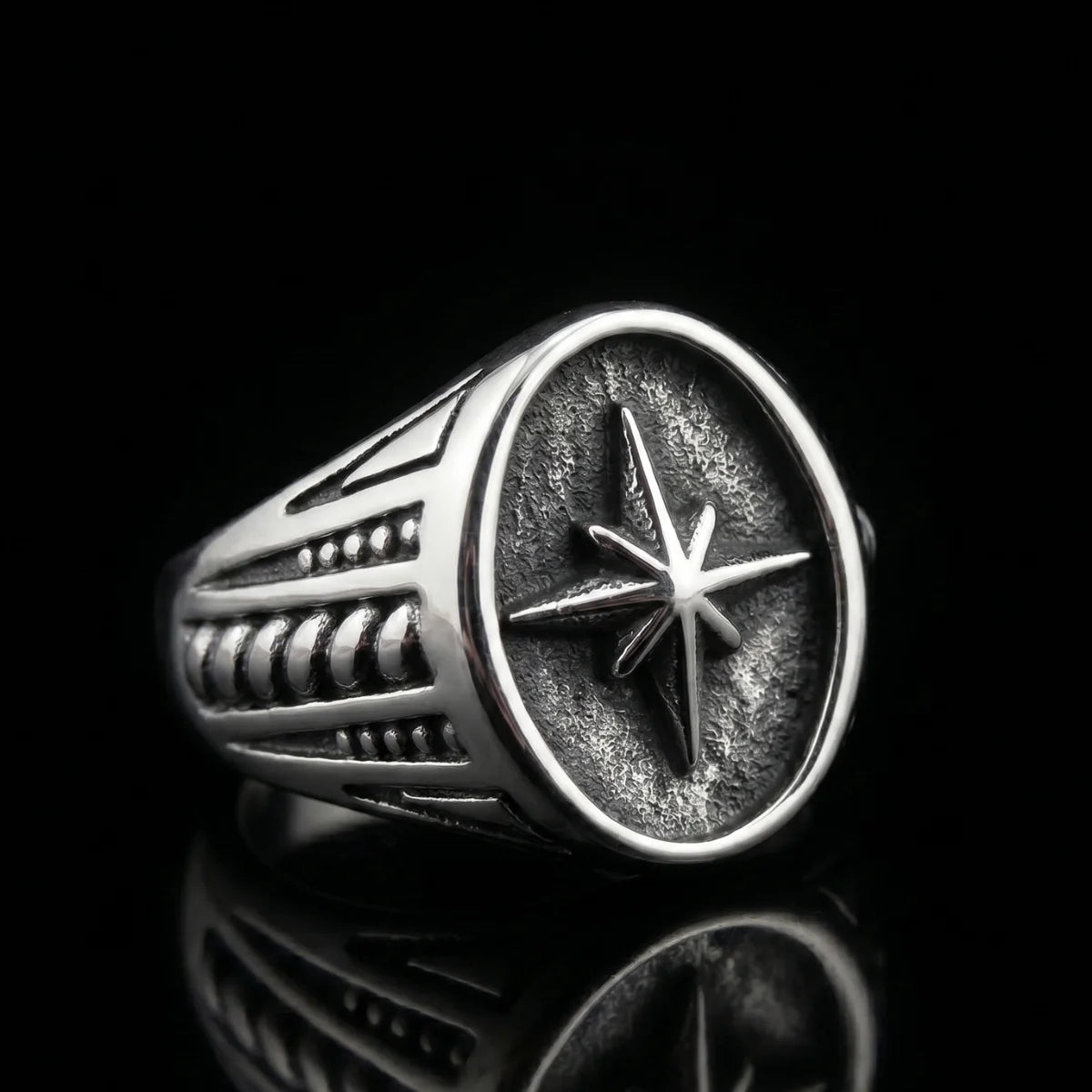North Star Signet Ring Front View Premium Stainless Steel Mens Celestial Jewelry