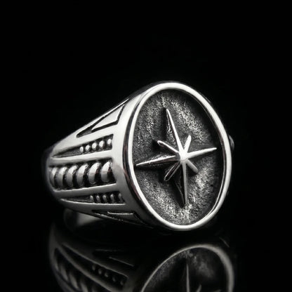 North Star Signet Ring Front View Premium Stainless Steel Mens Celestial Jewelry