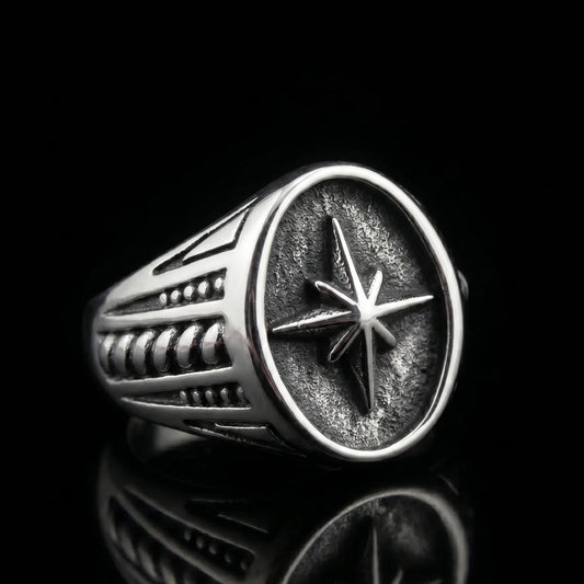 North Star Signet Ring Front View Premium Stainless Steel Mens Celestial Jewelry