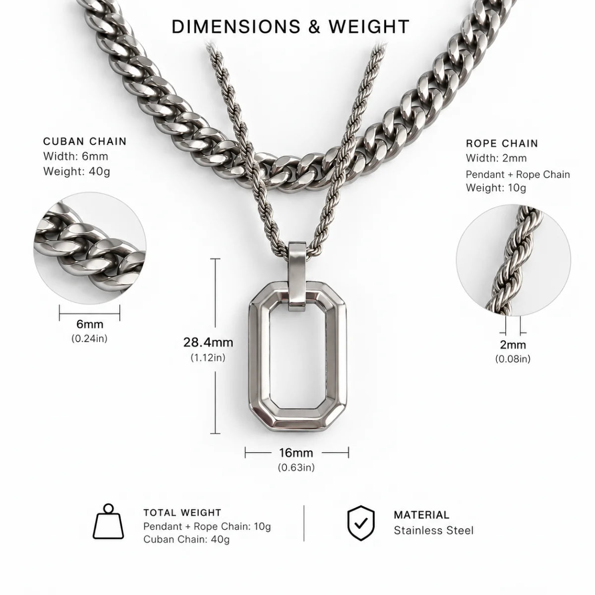 open rectangle necklace dimensions and weight