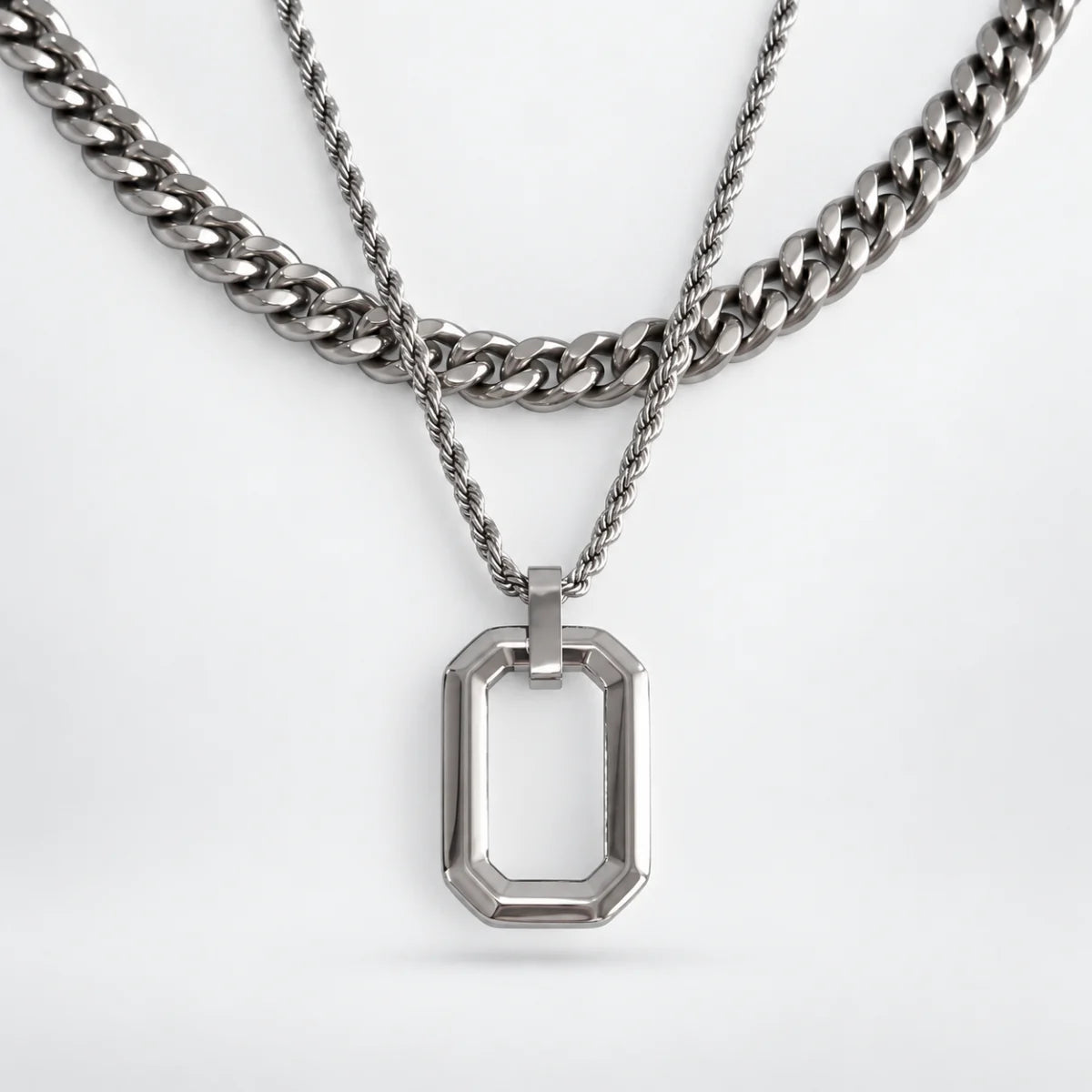open rectangle necklace layered set white background