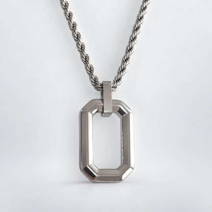 open rectangle necklace with rope chain white background
