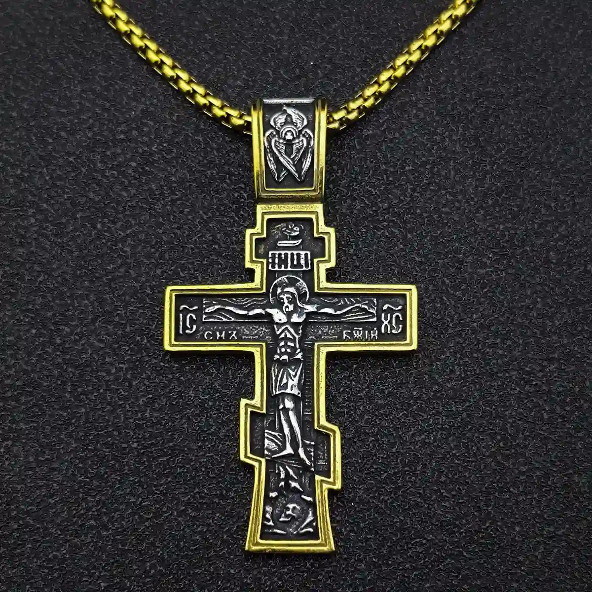 Orthodox Cross Necklace Gold With Chain Front View Mens Religious Jewelry