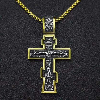Orthodox Cross Necklace Gold With Chain Front View Mens Religious Jewelry