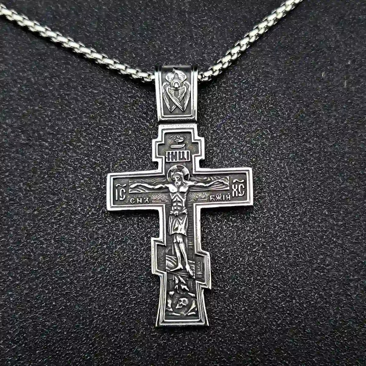 Orthodox Cross Necklace Silver With Chain Front View Christian Stainless Steel Jewelry