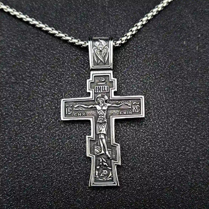 Orthodox Cross Necklace Silver With Chain Front View Christian Stainless Steel Jewelry