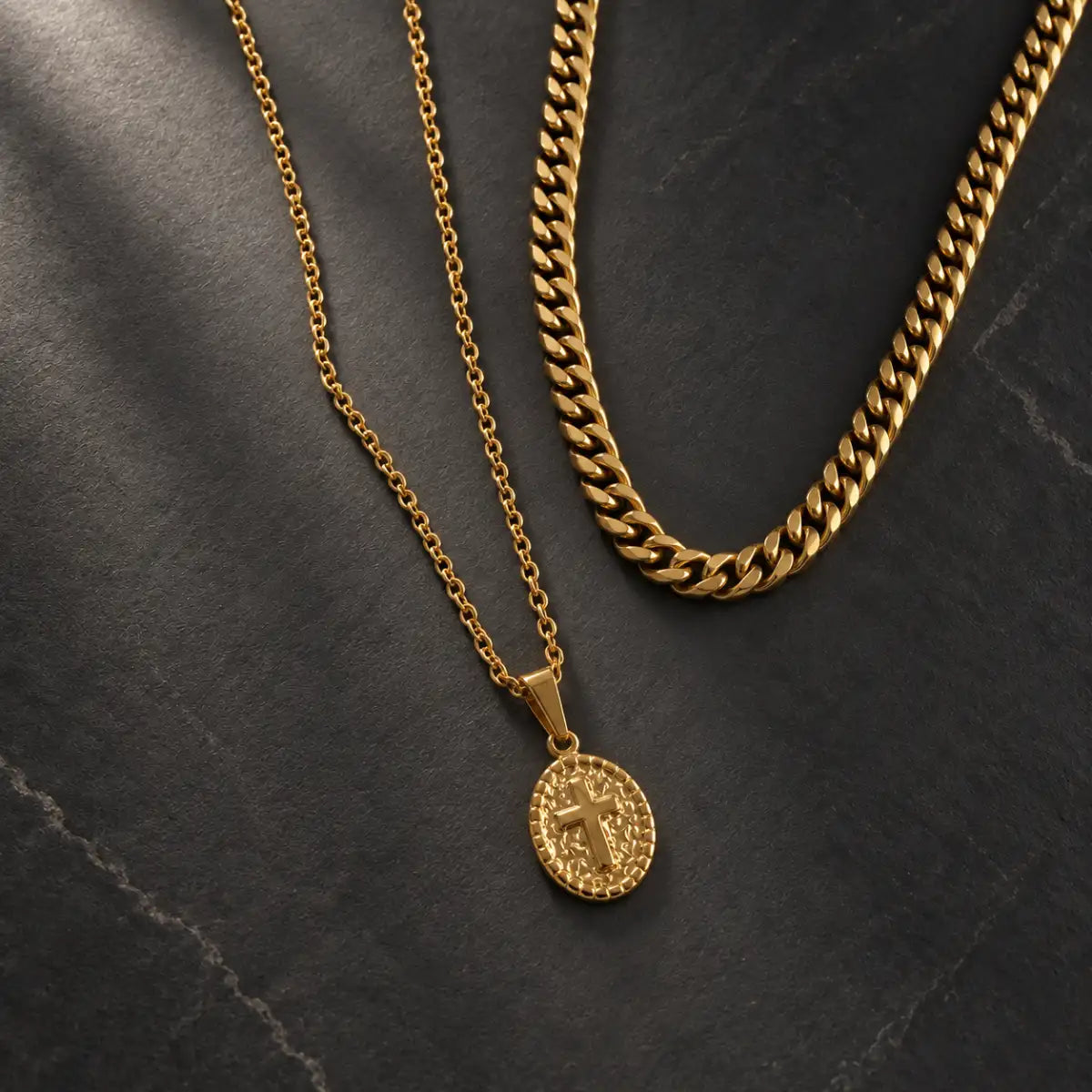 oval cross pendant necklace gold layered set birds eye display