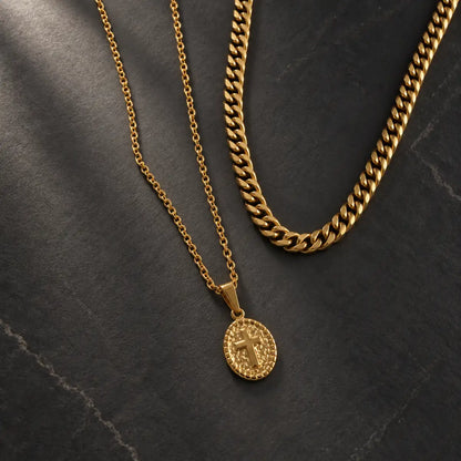oval cross pendant necklace gold layered set birds eye display