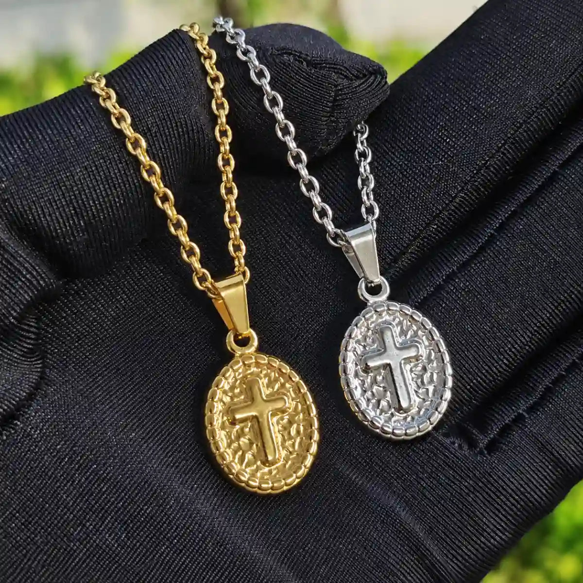 oval cross pendant necklace silver and gold color comparison