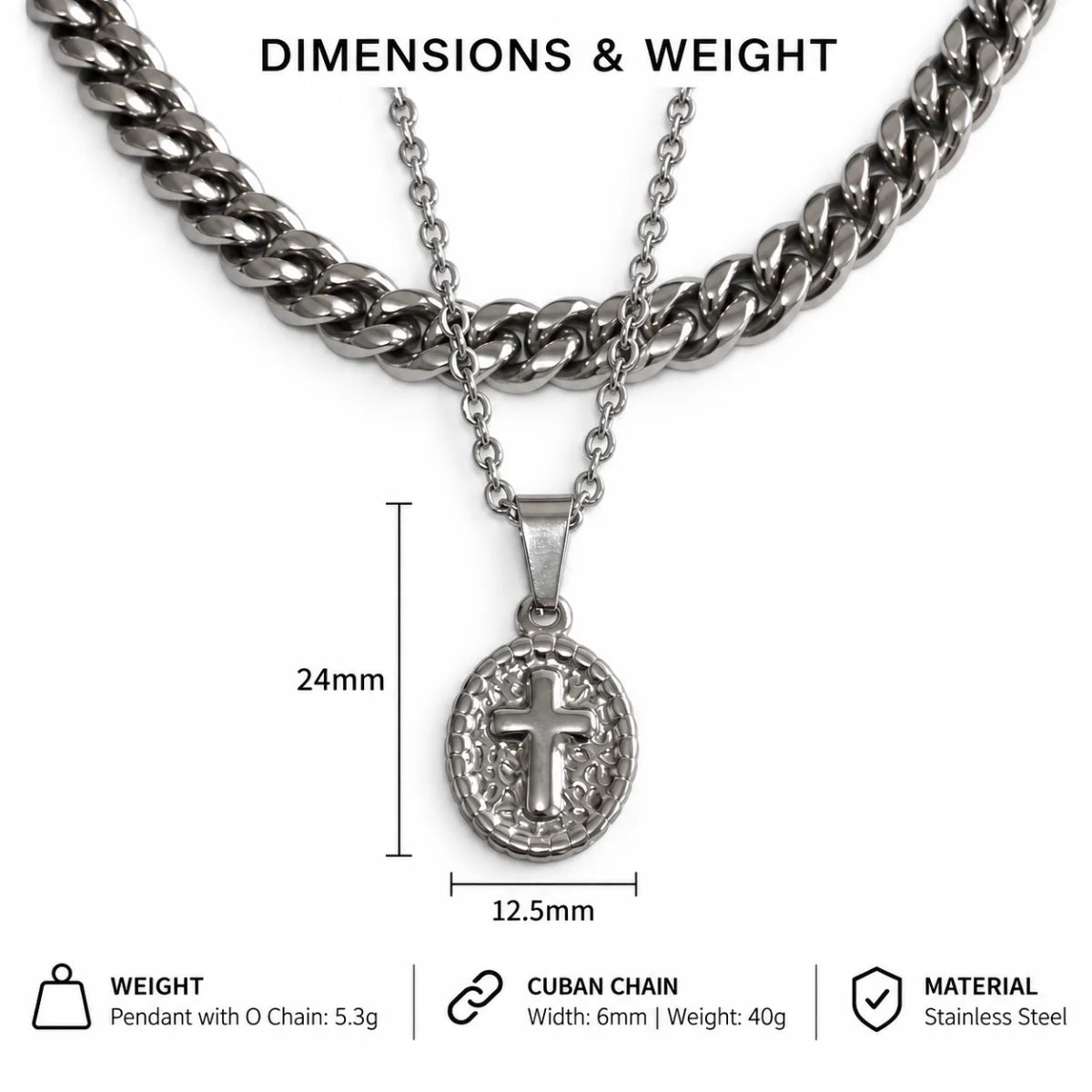 oval cross pendant necklace silver dimensions and weight
