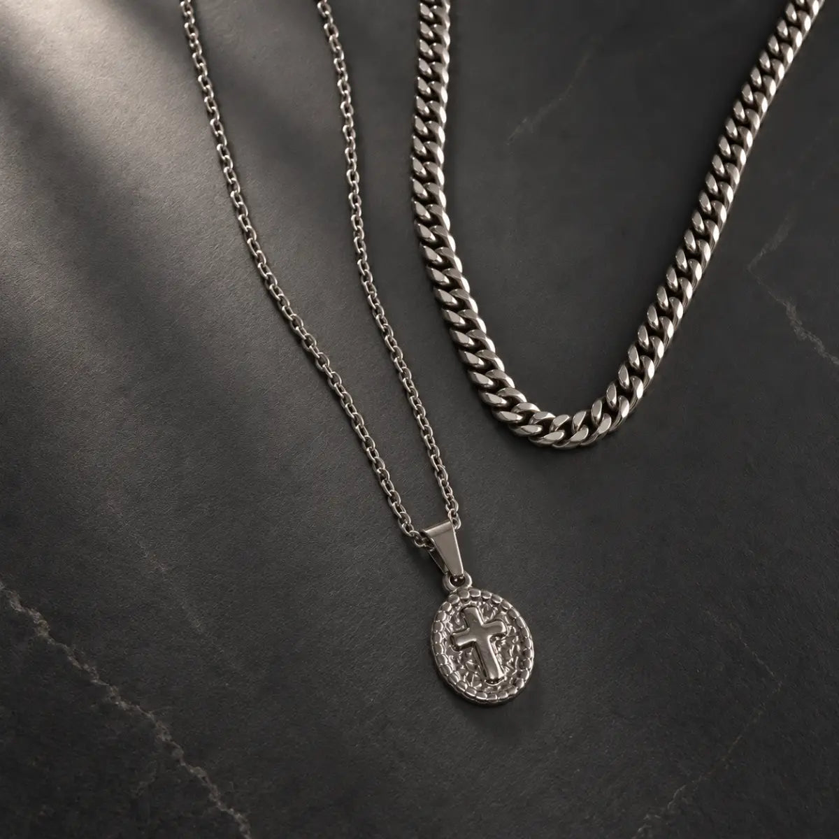 oval cross pendant necklace silver layered set birds eye display