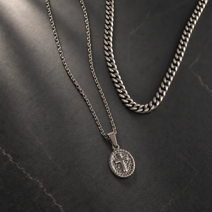 oval cross pendant necklace silver layered set birds eye display