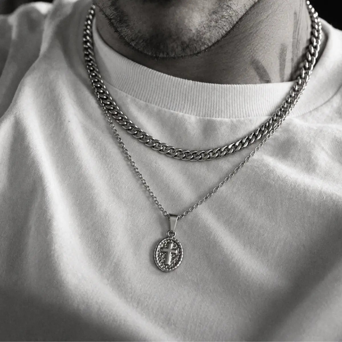 oval cross pendant necklace silver layered set lifestyle black and white