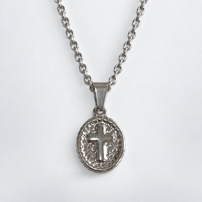 oval cross pendant necklace silver with o chain white background