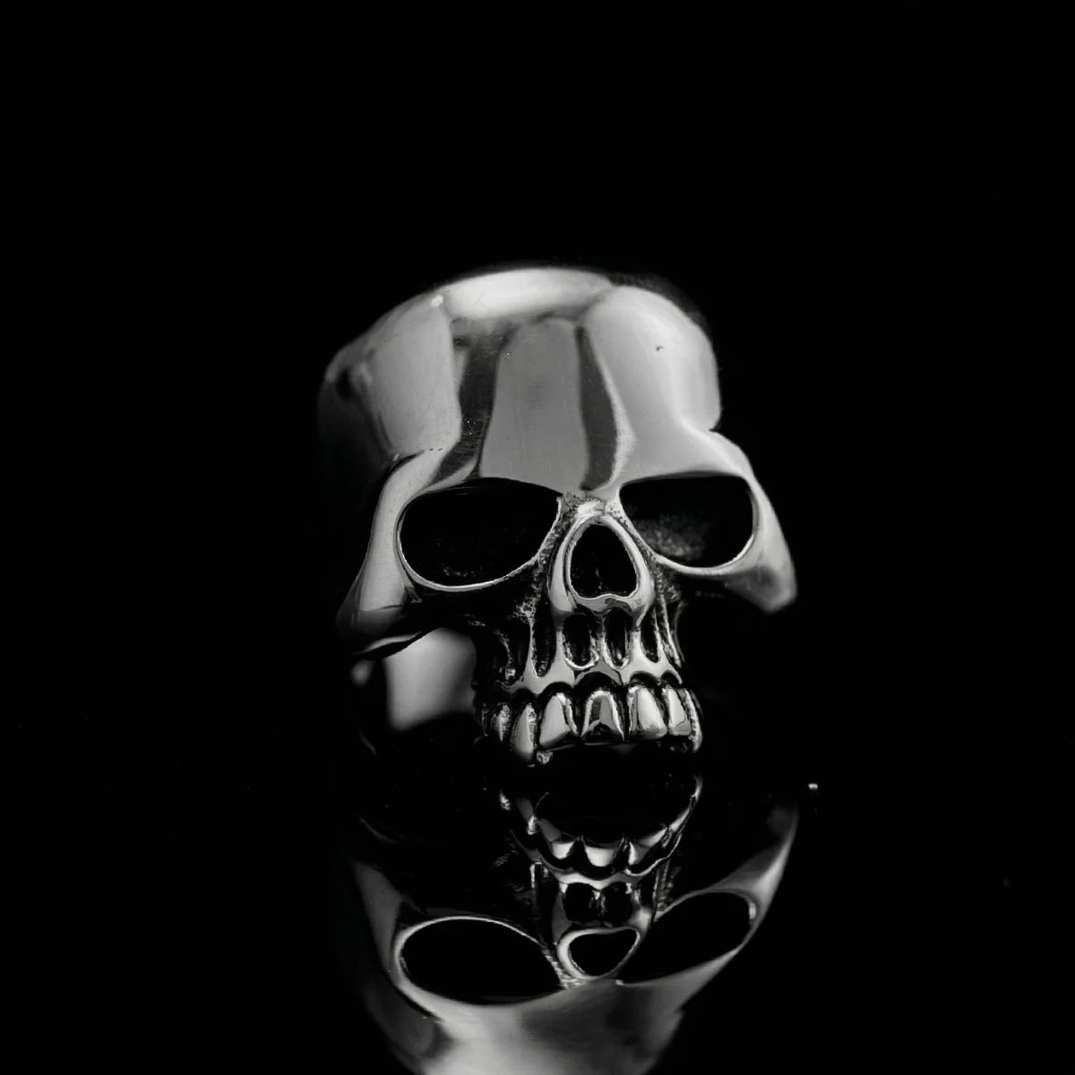 Polished Silver Half Jaw Skull Ring Close Up
