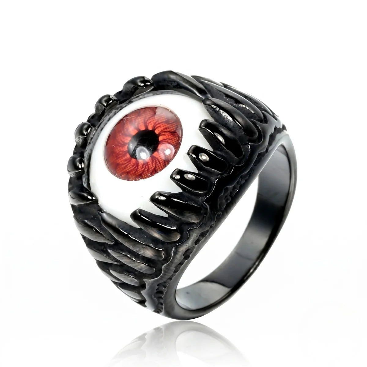 Prosthetic Eyeball Ring Black White Background Macabre Fantasy Jewelry