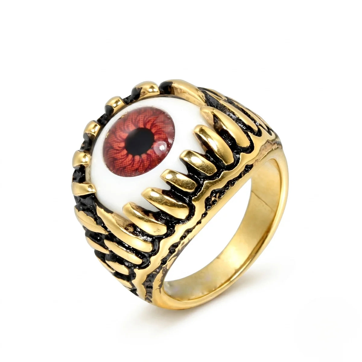 Prosthetic Eyeball Ring Gold White Background Witchy Statement Jewelry