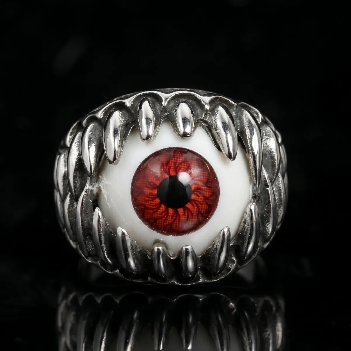 Prosthetic Eyeball Ring Silver Front View Macabre Gothic Jewelry