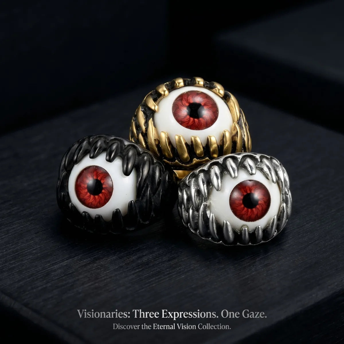 Prosthetic Eyeball Rings Collection Silver Black Gold Dark Aesthetic Mens Jewelry