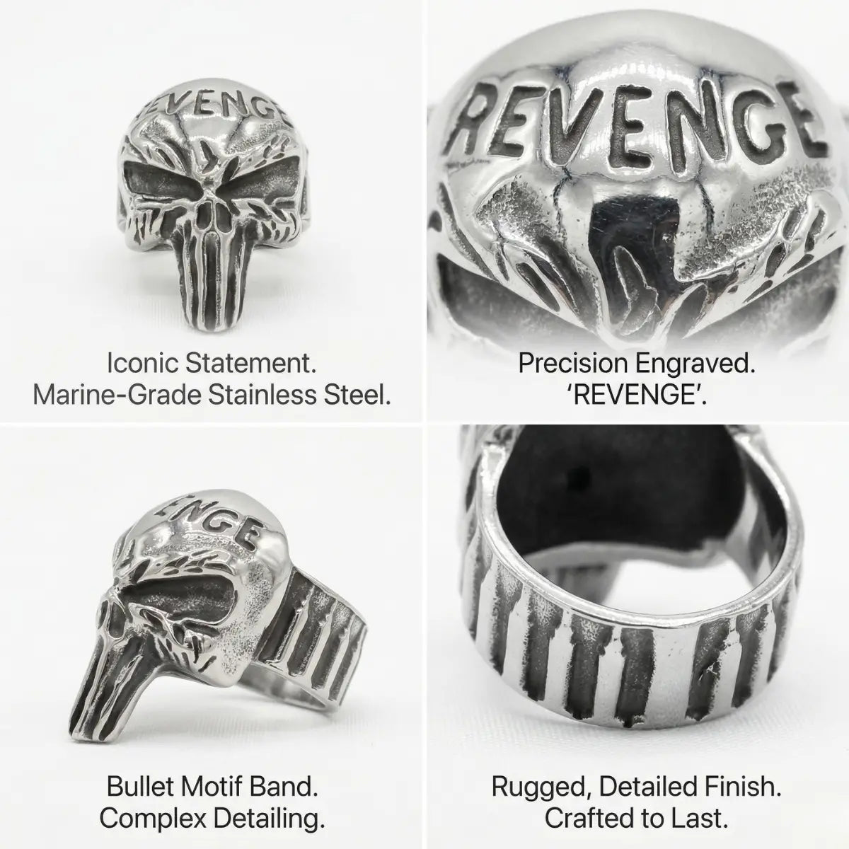 Punisher Skull Ring Style B Revenge Bullet Motif Design Features Gothic Ring