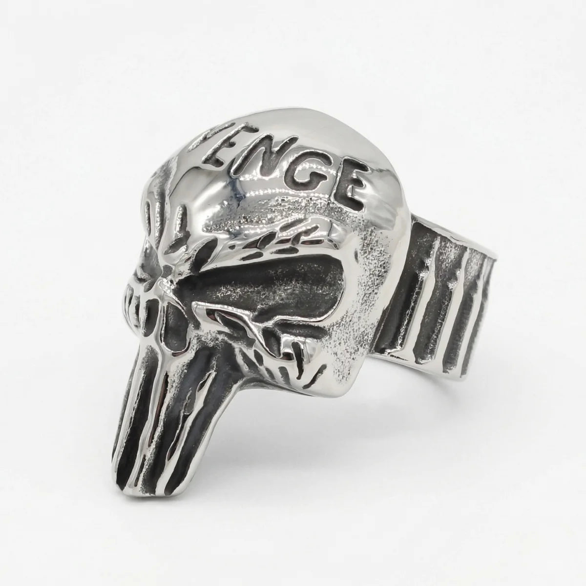 Punisher Skull Ring Style B Revenge Engraved White Background Mens Jewelry