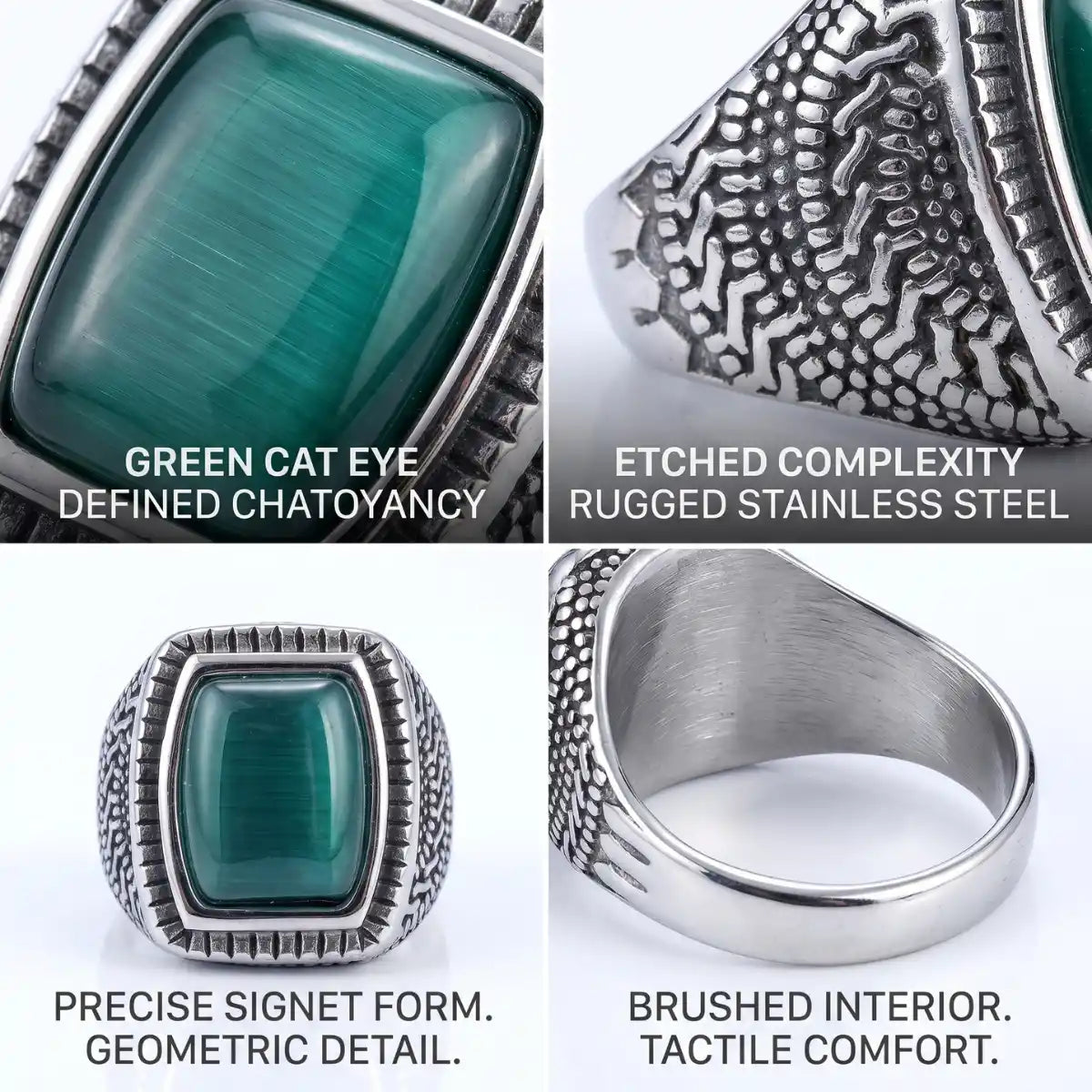 Rectangular Cat Eye Signet Ring Design Features 316L Stainless Steel Retro Mens Accessories